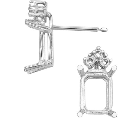 EF-97: EMERALD CUT 4 PRONG STANDARD WIRE CAST EARRING W/ 3 DIAMOND ACCENTS