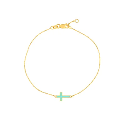 BR-CR-T: TURQUOISE ENAMEL SIDEWAYS CROSS BRACELET